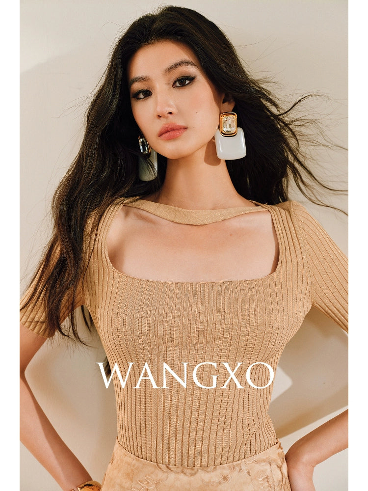WANGXO | Phantom Shiny Silk with Hemp Retro Square Neck Slim Ribbed Knit Short Sleeve Top -ZARA