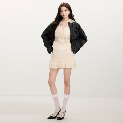 FAME Double-Collar Polka-Dot Denim Jacket - ELOWEN