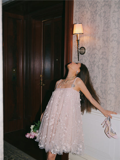 Wardrobes by Chen Luxury Pink Flower Embroidered Loose doll Party Dress-Zola