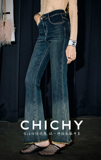 CHICHY vintage dark blue hot diamond gradient bootcut slim pants-OLEG