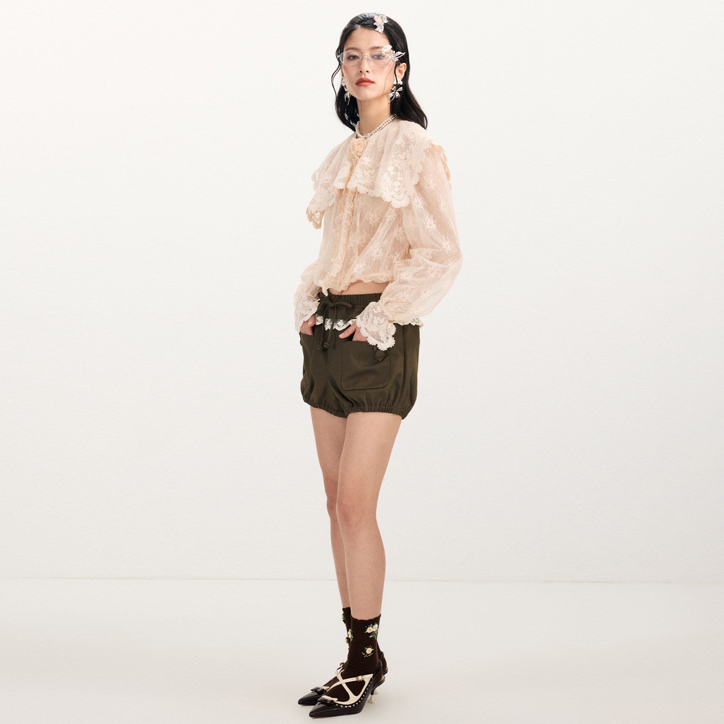 FAME Bouquet Embroidered Lace Shawl Collar Sheer Smock Top - ANGELA.