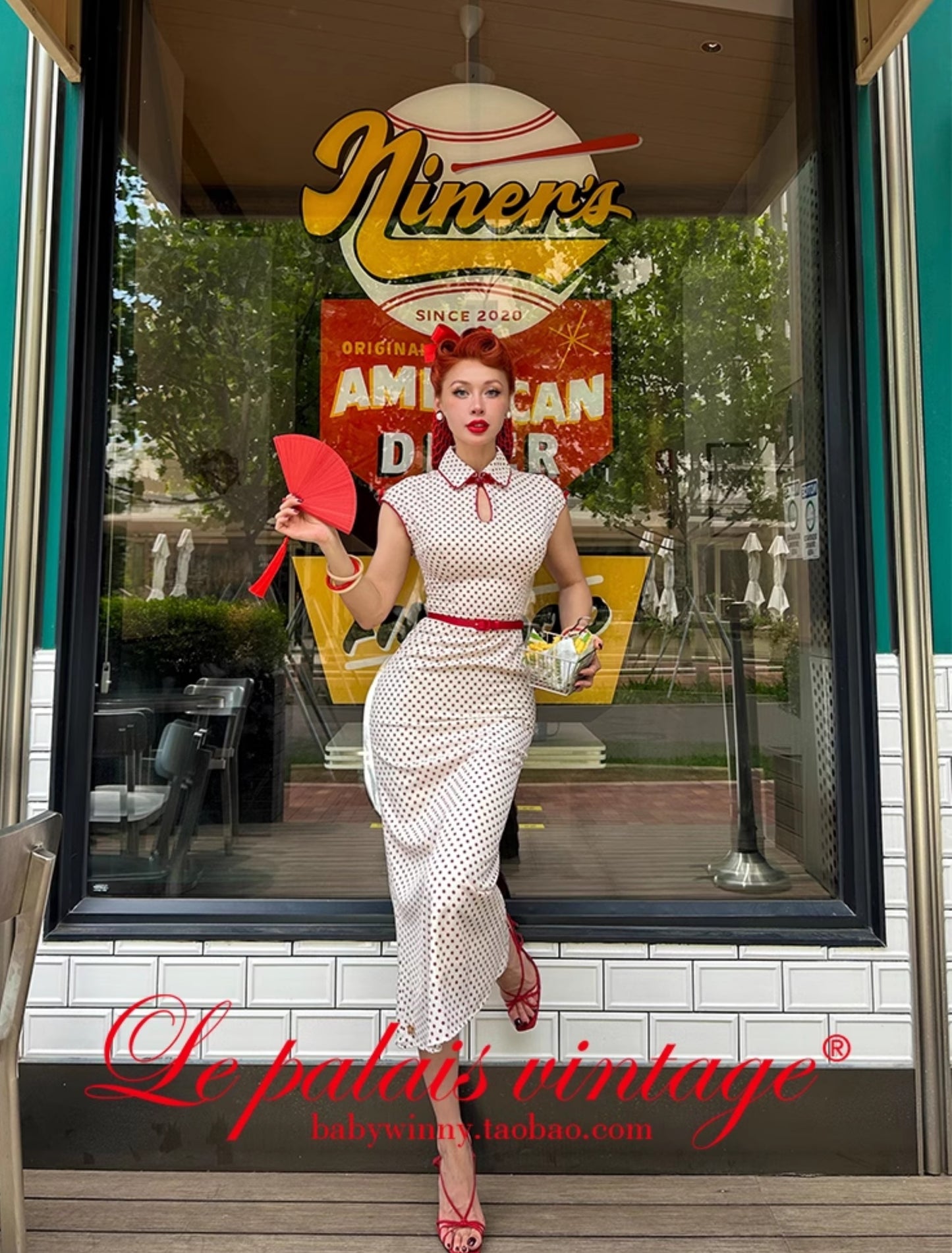 Le Palais Vintage  Elegant Red and White Polka Dot Slim Hong Kong Style Fishtail Dress-KONG