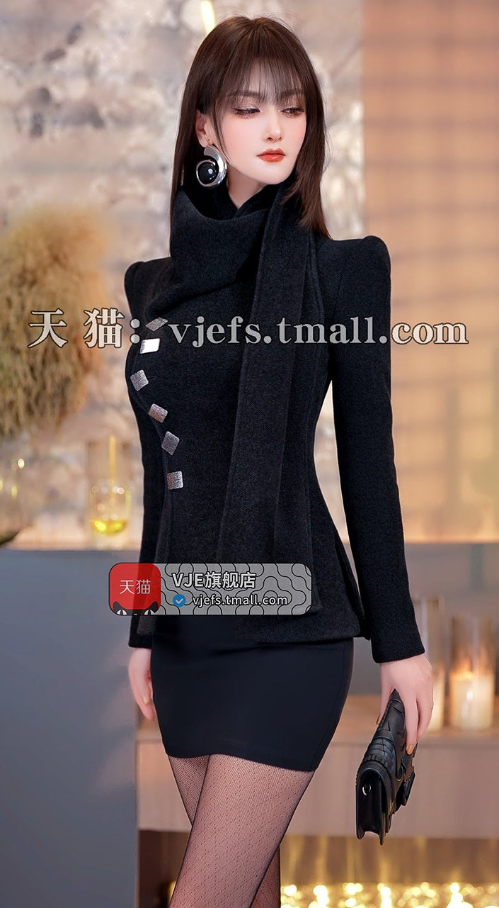 VJE Short Black High Neck Wide Shoulder Jacket - MILA.