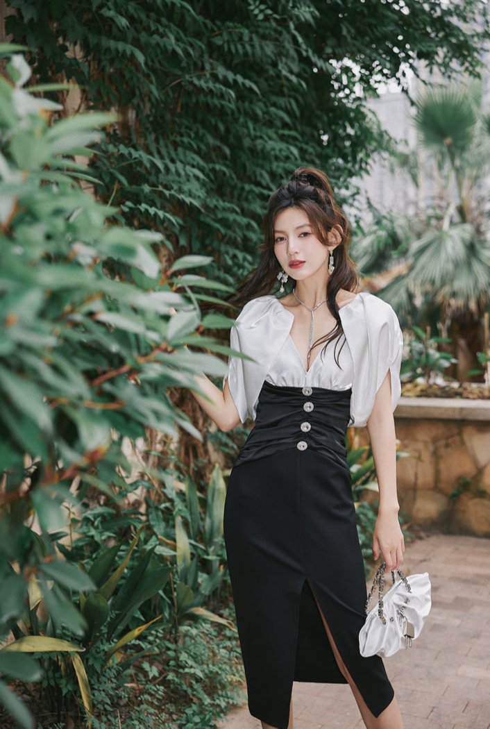 DOLLY Elegant Black and White Deep V-Neck Short Puff Sleeves Slim Fit Office Dress-ZOEY