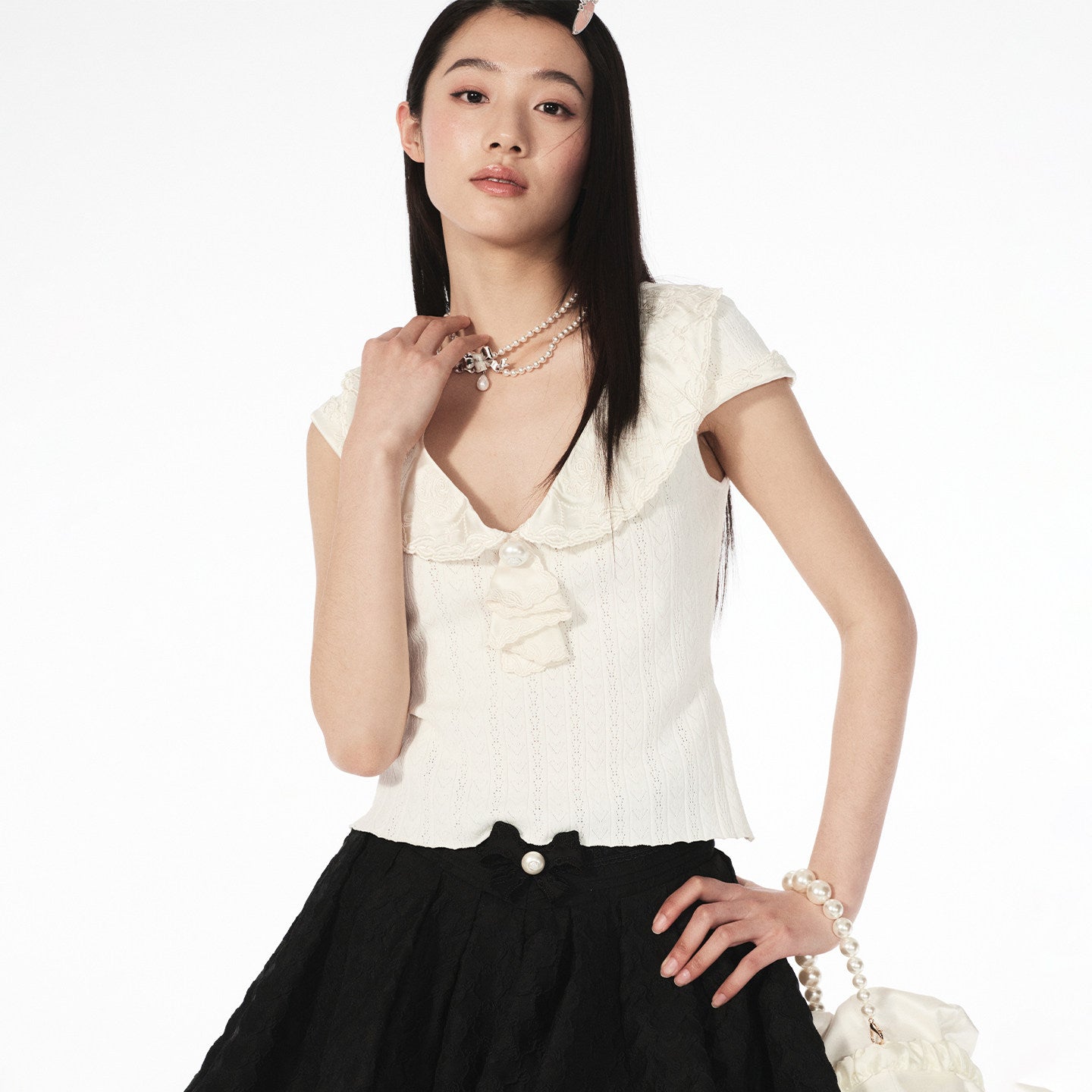 FAME Satin Embroidery Short Sleeve Top - ADRIAN