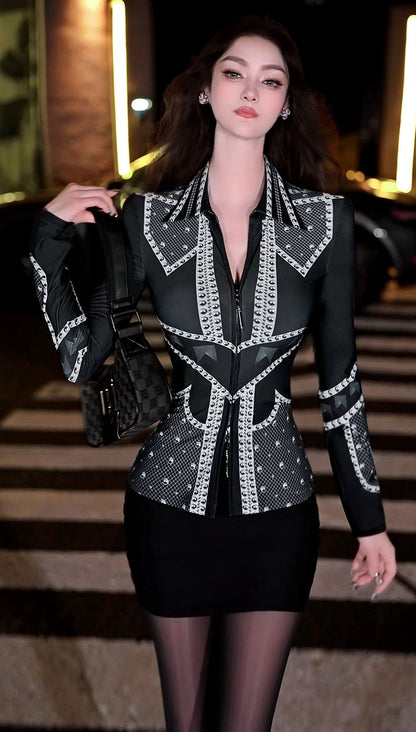 VJE  Rivet Print Slim Cardigan Slim Inner Base Shirt-OZO.