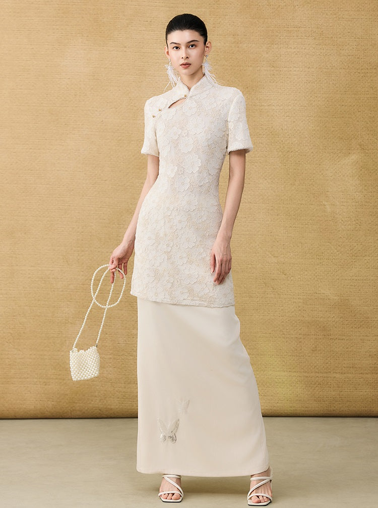 HECO Chinese style short-sleeved embossed flower summer cut-out short dress- TEMIRO.