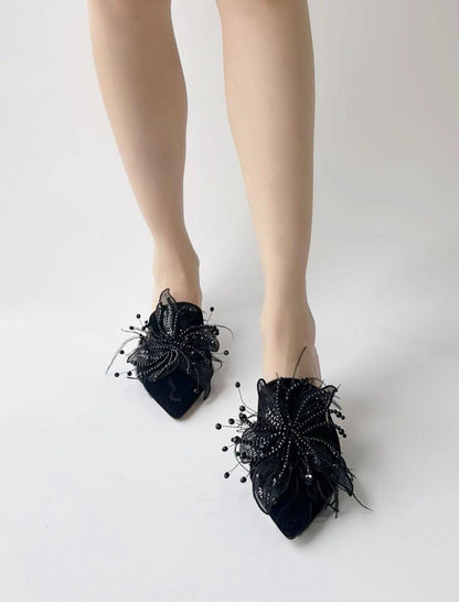 B-FEI kitten heeled niche beaded flower decoration mules-NEULO.