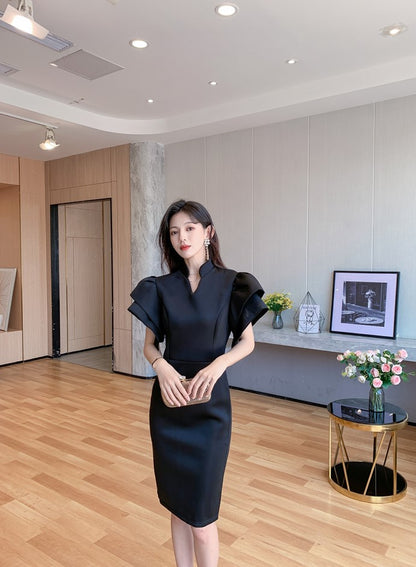 DOLLY Elegant French Style Black Stand Collar Short Sleeve Office Dress-MAMA