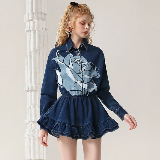 CHECOCRE Elegant Stubble Rose Print American Retro Denim Mini Dress - BETHANY