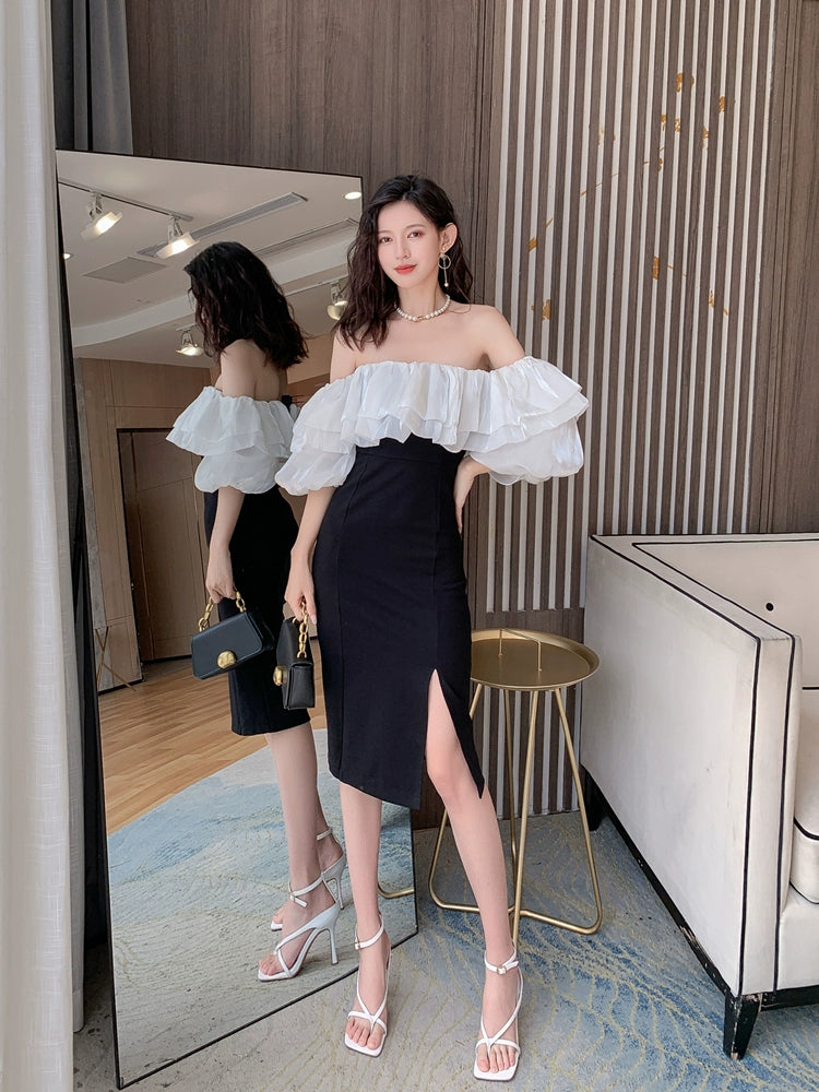 DOLLY Elegant Black and White Satin Off Shoulder Ruffled Tube Top Slim Fit Dress-MAG