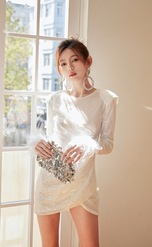 DOLLY Elegant White Crew Neck Long Sleeve Short Sequin Sexy Birthday Dress-LAYLA