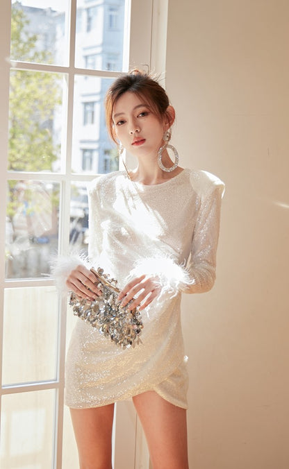 DOLLY Elegant White Crew Neck Long Sleeve Short Sequin Sexy Birthday Dress-LAYLA