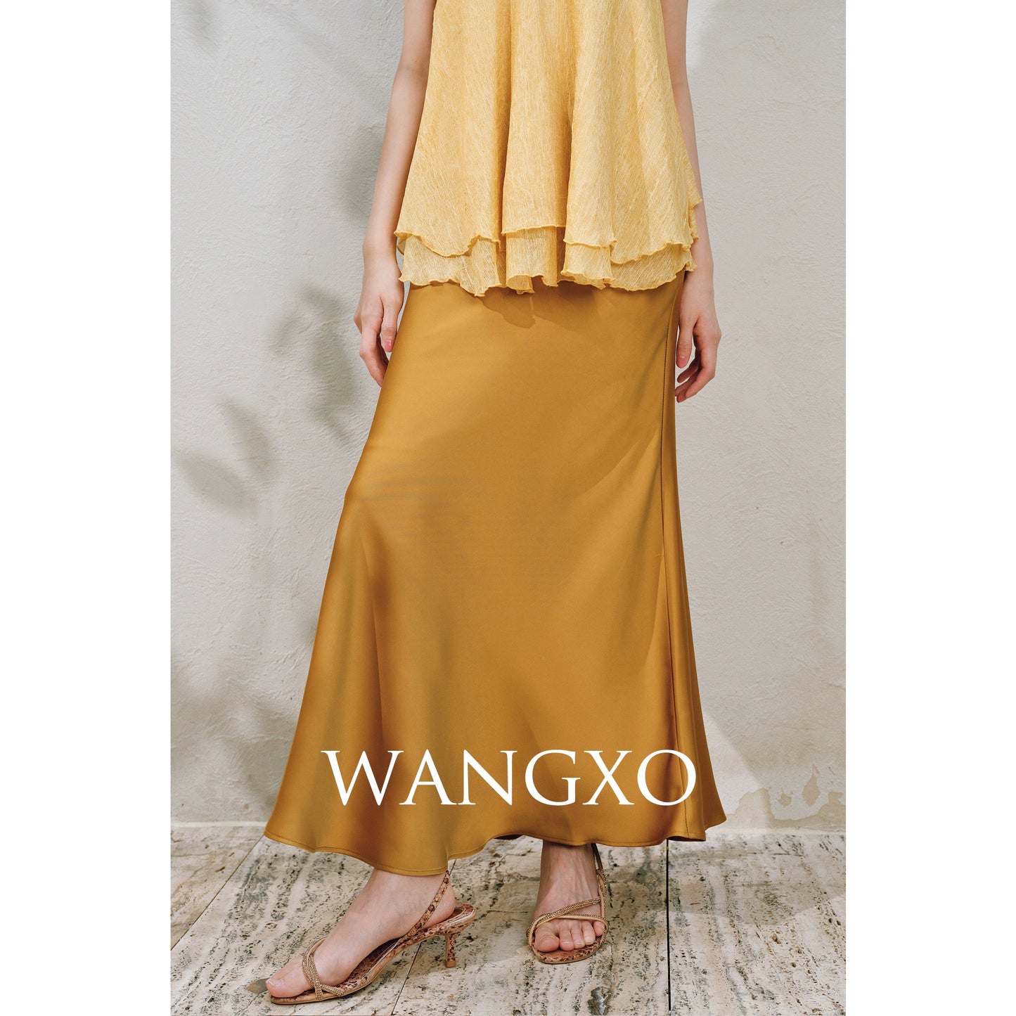 WANGXO | Silky Smooth Double-Sided Satin Top Glass Beaded Umbrella Hem Suspender Skirt Set -ELVA