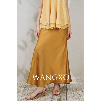 WANGXO | Silky Smooth Double-Sided Satin Top Glass Beaded Umbrella Hem Suspender Skirt Set -ELVA