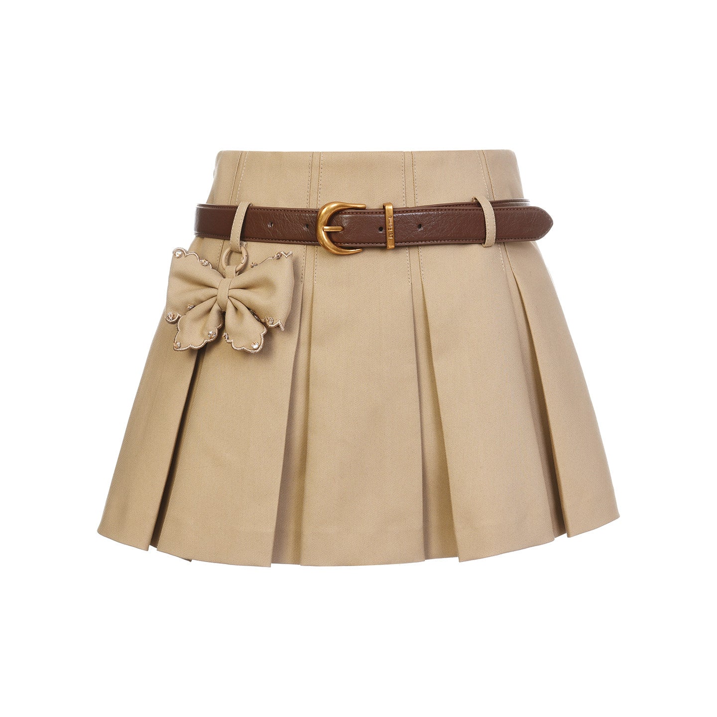FAME A-line bow ornament pleated brown skirt with belt - ANDY.