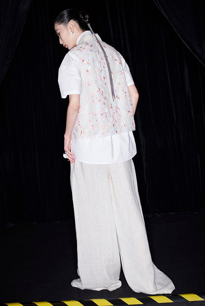 M essential Mackay designer beaded pavé embroidered linen vest - ELONIA.