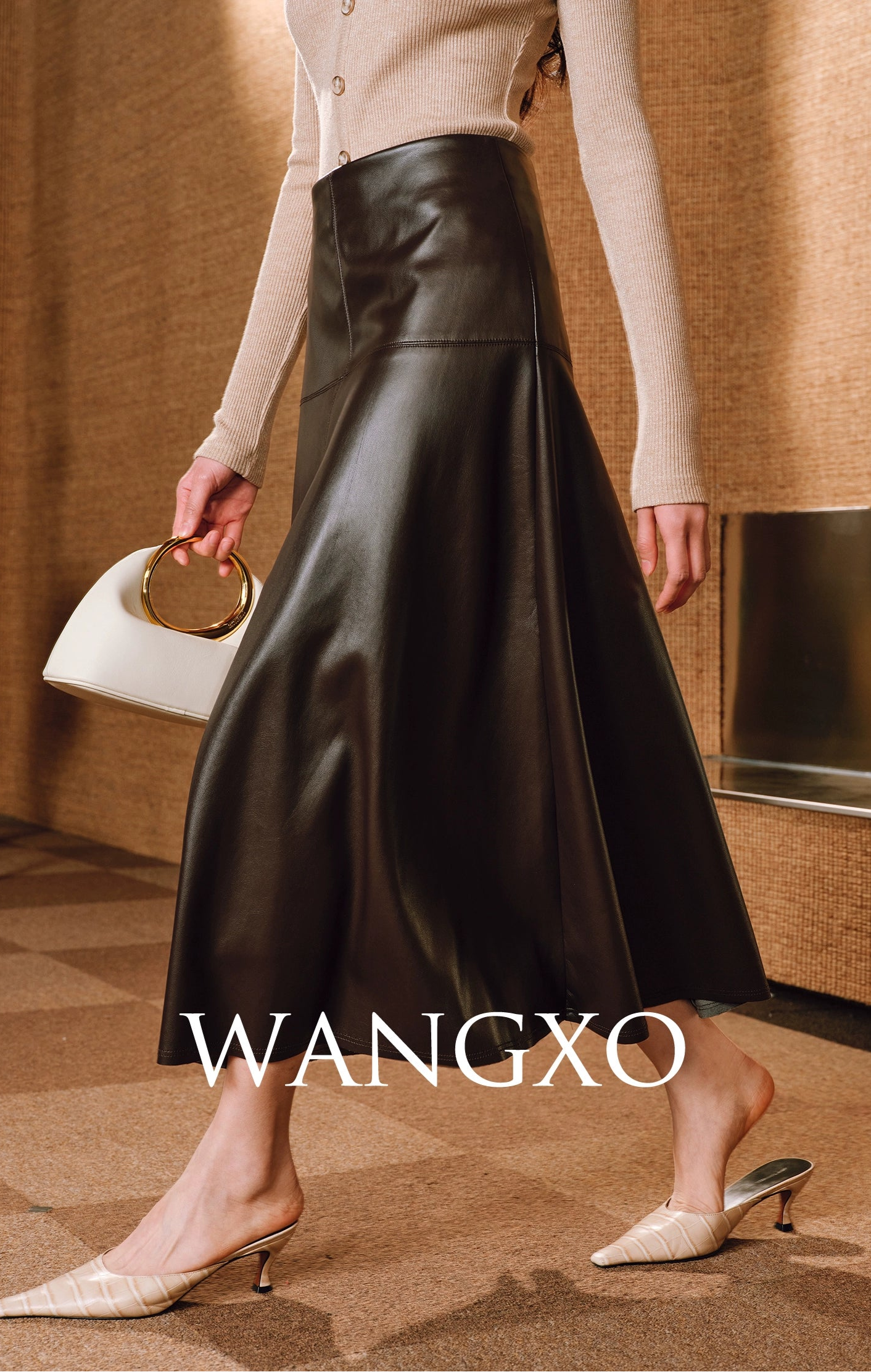WANGXO | Luxurious Glossy Protein Leather Sheepskin A-Swing Skirt-ZARA.