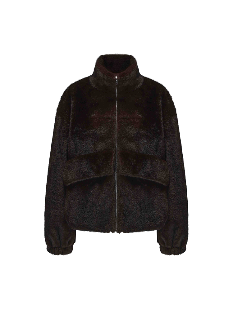 ATELIER MISS LU Large Pocket Design Faux Fur Zip Jacket - SAMPSON.