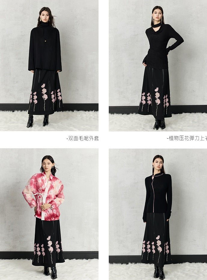 HECO high-density suit embroidered black A-line skirt women - beta.