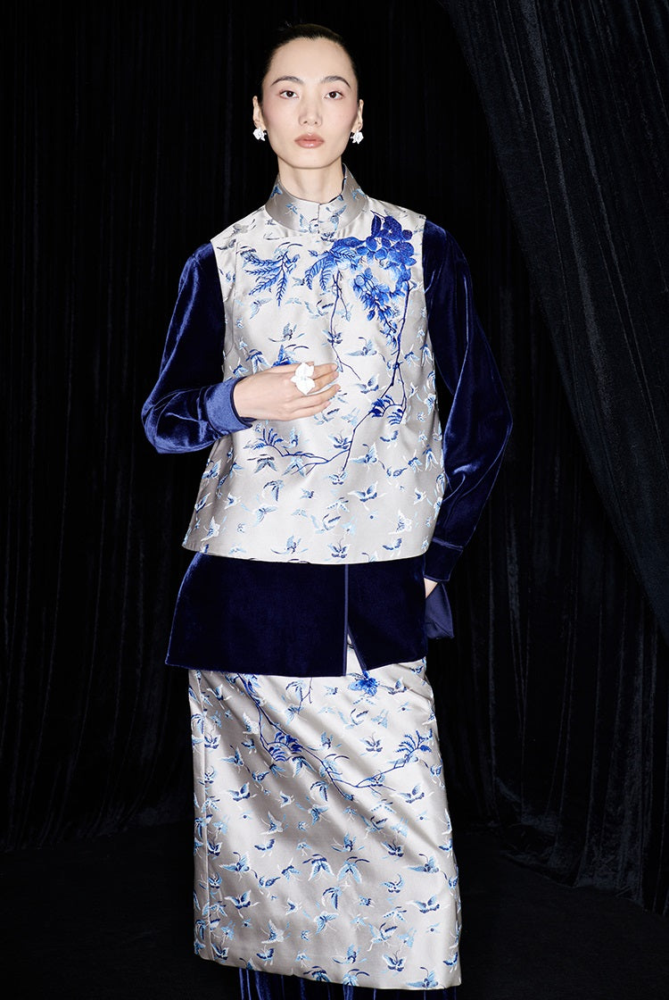 M essential Mackay designer butterfly jacquard blue vine and butterfly embroidery vest - DOME.