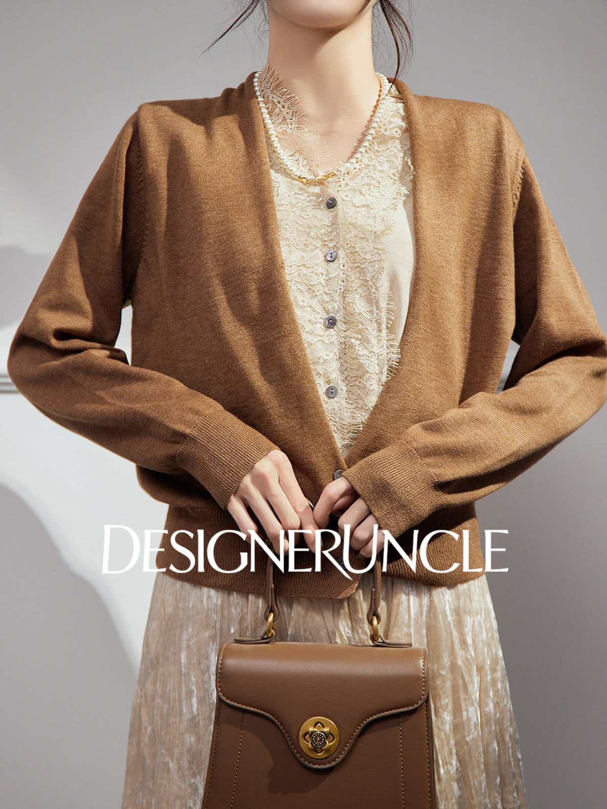 DGU |Caramel Knitted Sweater Silk Fashion Retro Design Light Luxury Niche Top - Josephina.
