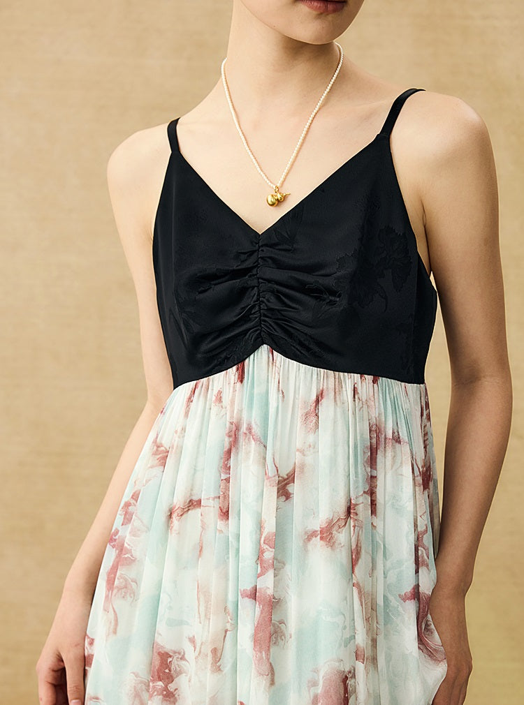 HECO Chinese V-neck camisole chiffon print long dress - BUSE.