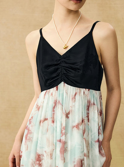 HECO Chinese V-neck camisole chiffon print long dress - BUSE.