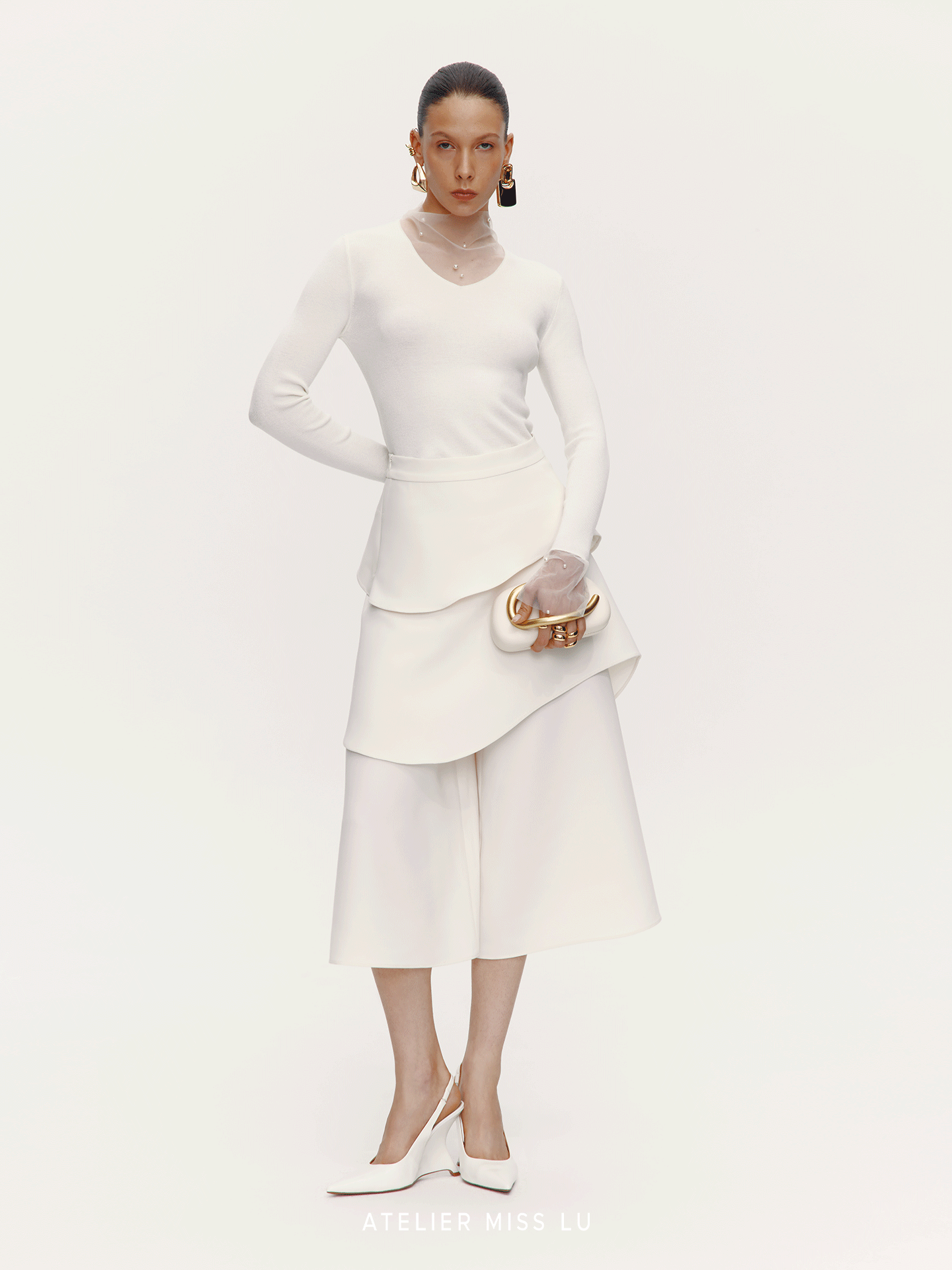 ATELIER MISS LU pearl embellished gauze patchwork knitted top - STRAD