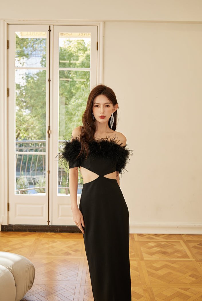 DOLLY Luxury Black Feather Tube Top Waist Baring Slim Fit Long Cocktail Dress-JAJA
