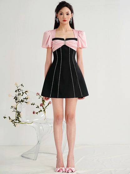 CHECOCRE  Elegant Contrasting Design Fashion Puff Sleeves Neck Slim Black Dress- DARK