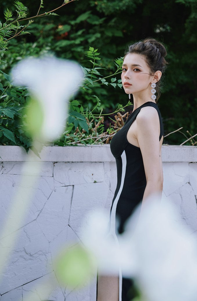 DOLLY High End Black and White V-Neck Sleeveless Slim Fit High Slit Sexy Dress-ESTER