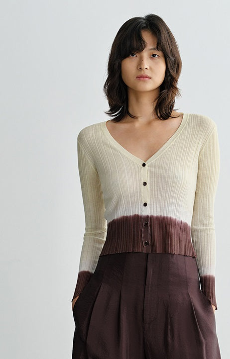 COMME MOI Lv Yan designer summer V-neck gradient pit strip knit cardigan - IAN.