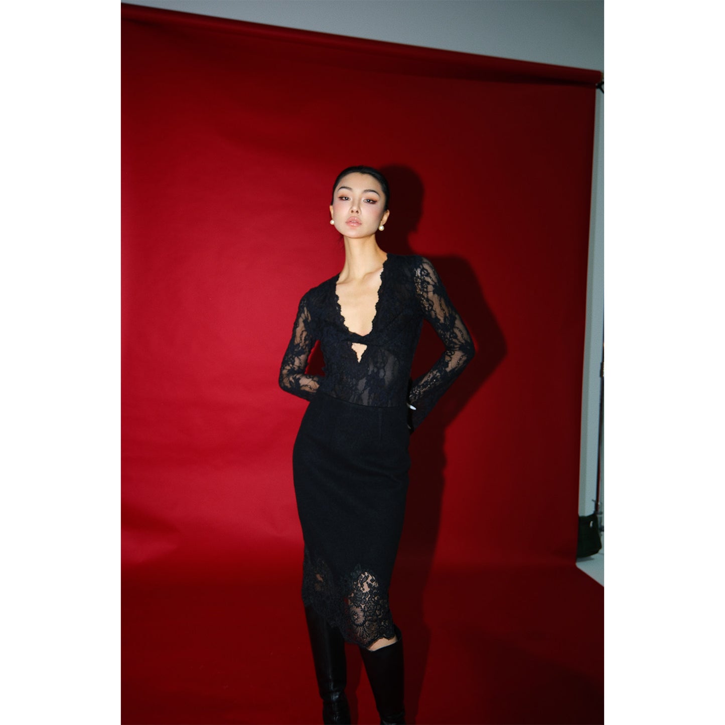 MEI SANGUAN Black Coffee V-Neck French retro Lace Shirt- RILEY