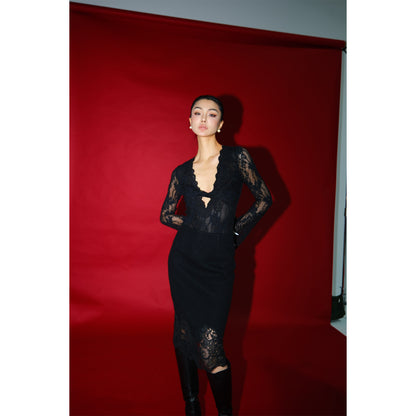 MEI SANGUAN Black Coffee V-Neck French retro Lace Shirt- RILEY