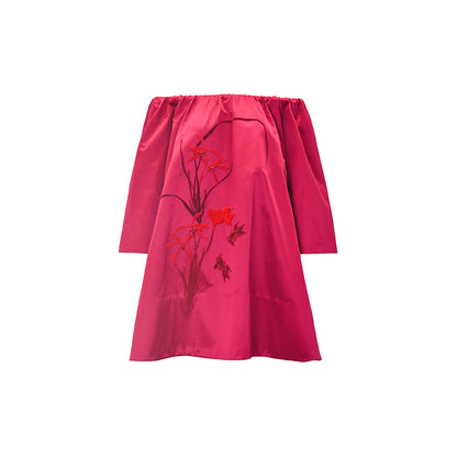 M essential Mackay designer red goldfish bead off shoulder top pleated skirt set- plum.