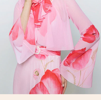 Magic Q poppy print bell sleeves cardigan sleeveless fishtail dress suit - sulli