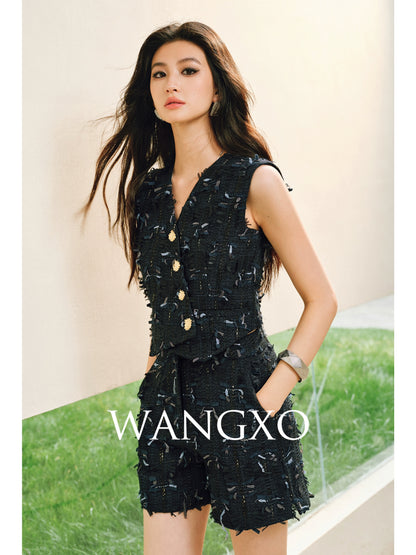 WANGXO | Yaluxe Custom \Pull Wool  Multi-Yarn Woven Vest, Shorts & Skirt Set -RINA