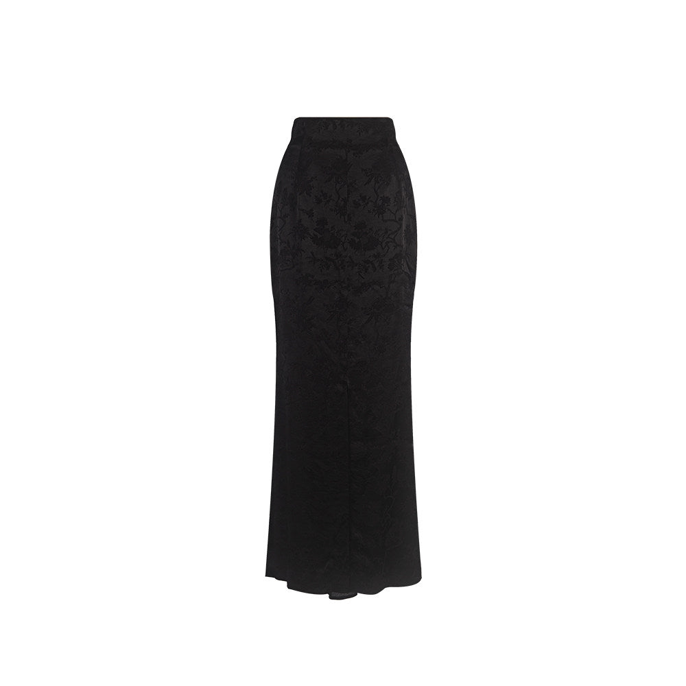 TUYUE Black Satin Woven Floral Mulberry Silk Mermaid Skirt - RANDY.