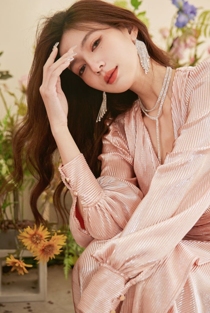 DOLLY Elegant Peach V-Neck Long Puff Sleeve High Waist Long Flowing Guest Dress-BESTY