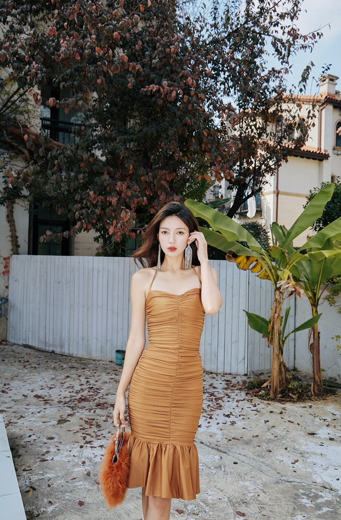 DOLLY Elegant Brown Sleeveless Halter Neck Pleated Fish Tail Midi Dinner Dress-PAULA