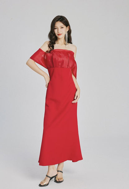 DOLLY Elegant Ruffled Off Shoulder Chest Wrap Long Fish Tail Banquet Dress-KALYA