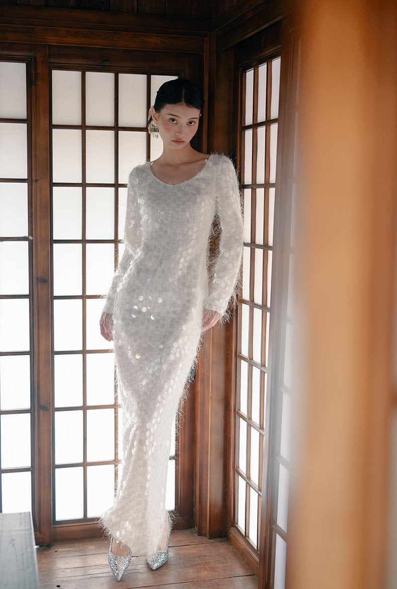 GOUDIN Long sleeved white engagement dress -MINA.
