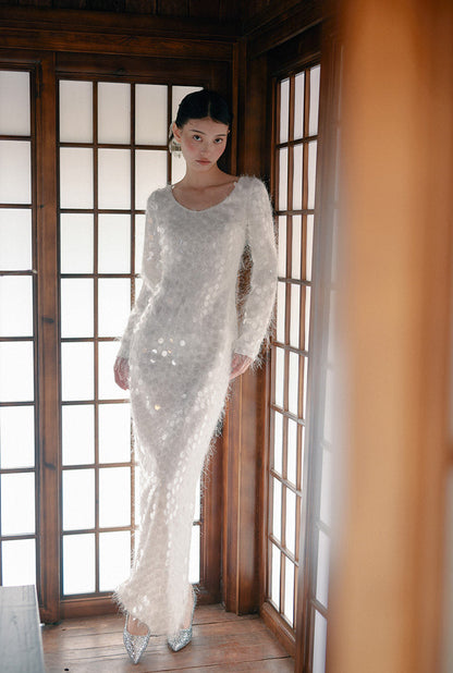 GOUDIN Long sleeved white engagement dress -MINA.