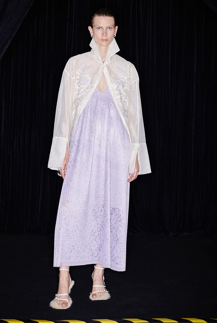 M essential Mackay designer taro lace pleated plunging V-neck dress - MARRY.