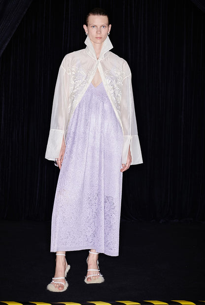 M essential Mackay designer taro lace pleated plunging V-neck dress - MARRY.