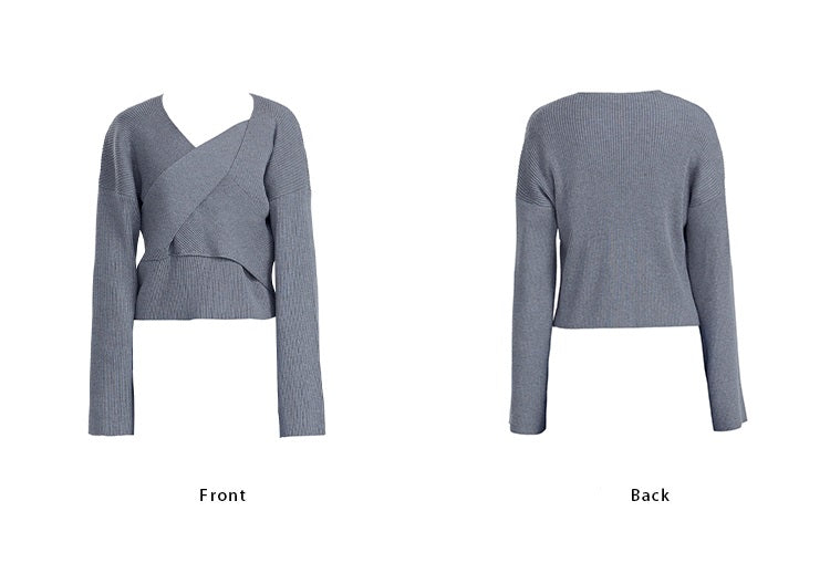 TINY IN cross-twisted gray wool knit women's shoulder sweater-QUE