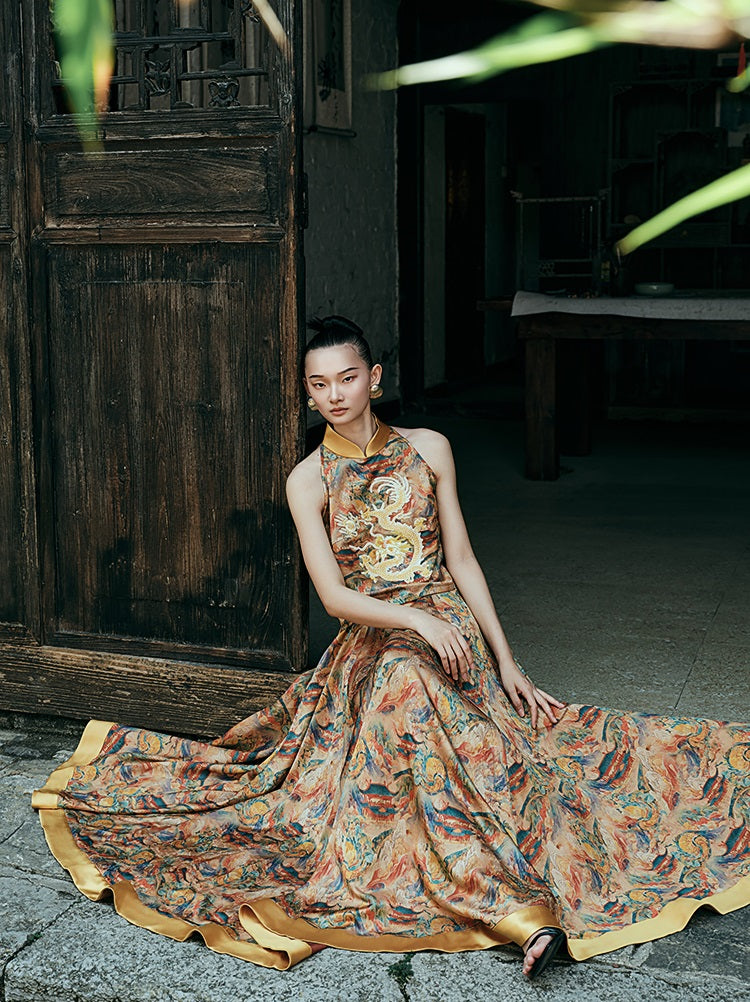 HECO Chinese Contrast Mural Big Swing Fishtail Skirt - MIGRO.