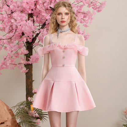 CHECOCRE Stubble sweet temperament style pink satin organza dress - EMA.