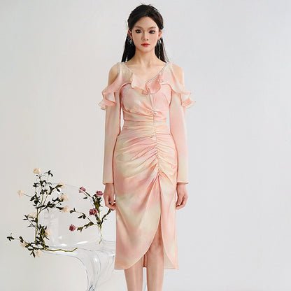 CHECOCRE Elegant Pink Smudge Sexy Off-the-shoulder Slit Midi Dress - CHERRY